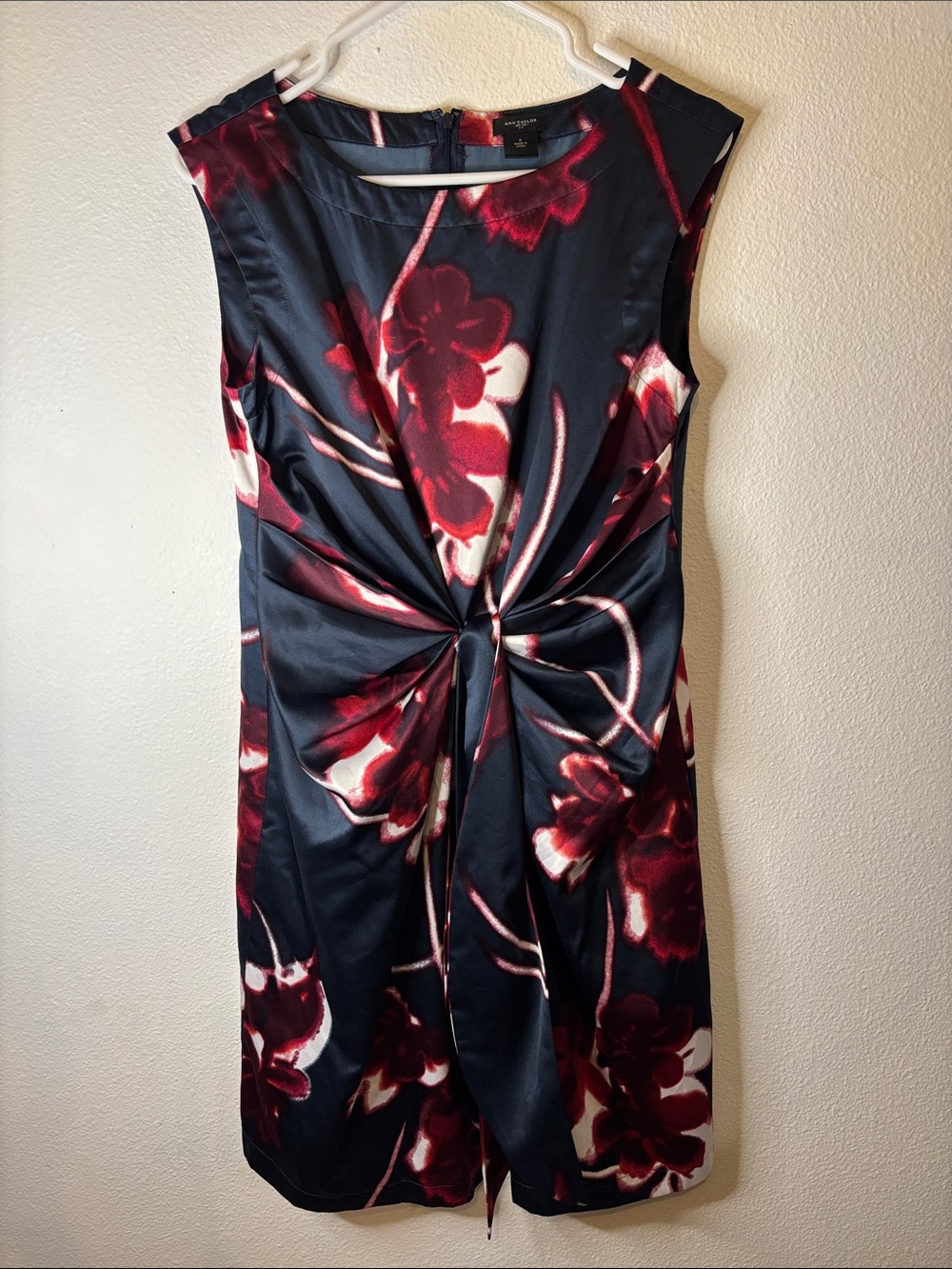 Ann Taylor Navy Floral Midi Dress with Burgundy & Cream Accents